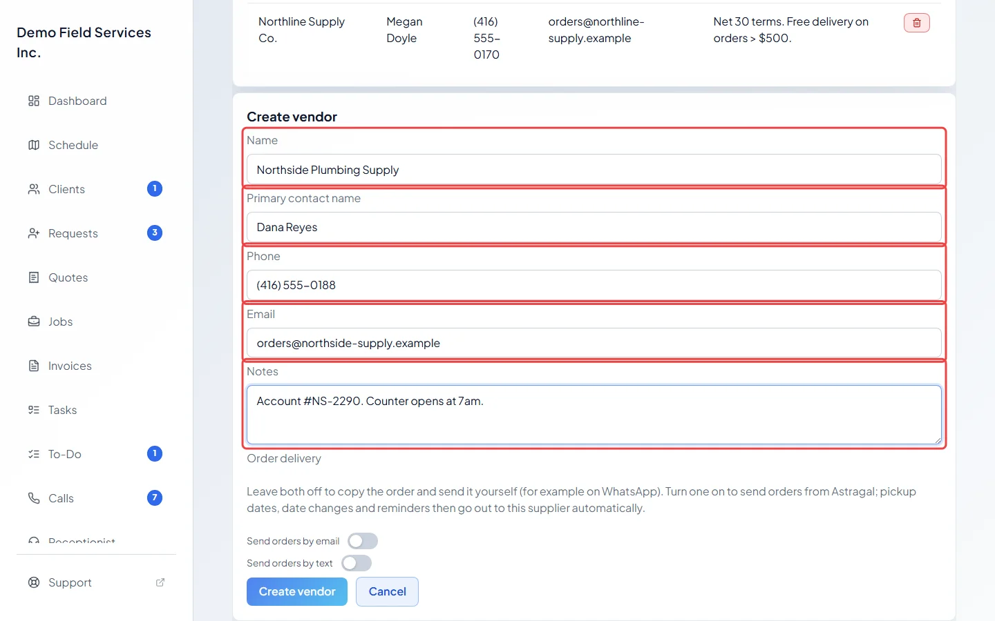 The Create vendor form with the supplier's details filled in