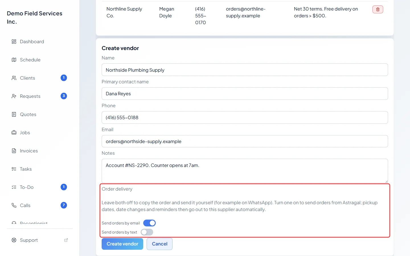 The Order delivery switches for sending orders by email or text