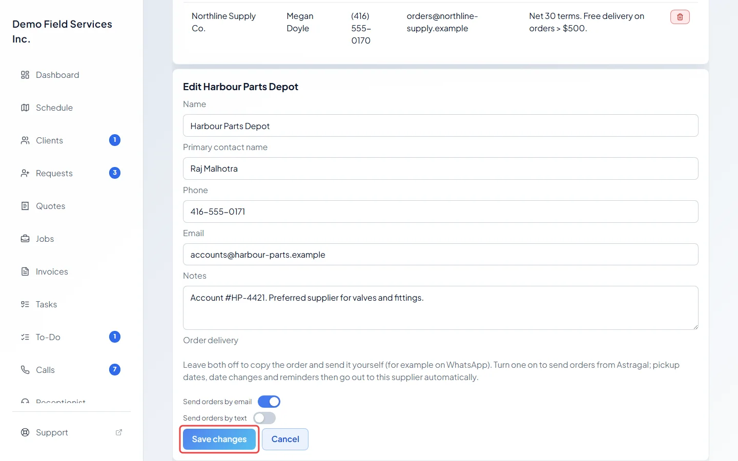 A vendor open for editing with the Save changes button