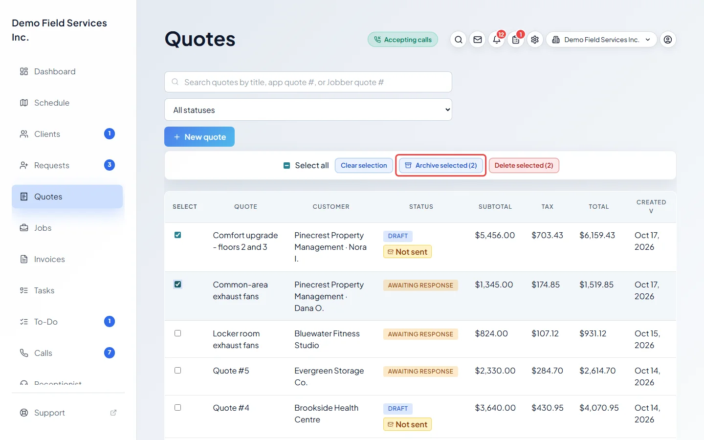 Quotes ticked on the list with Archive selected highlighted