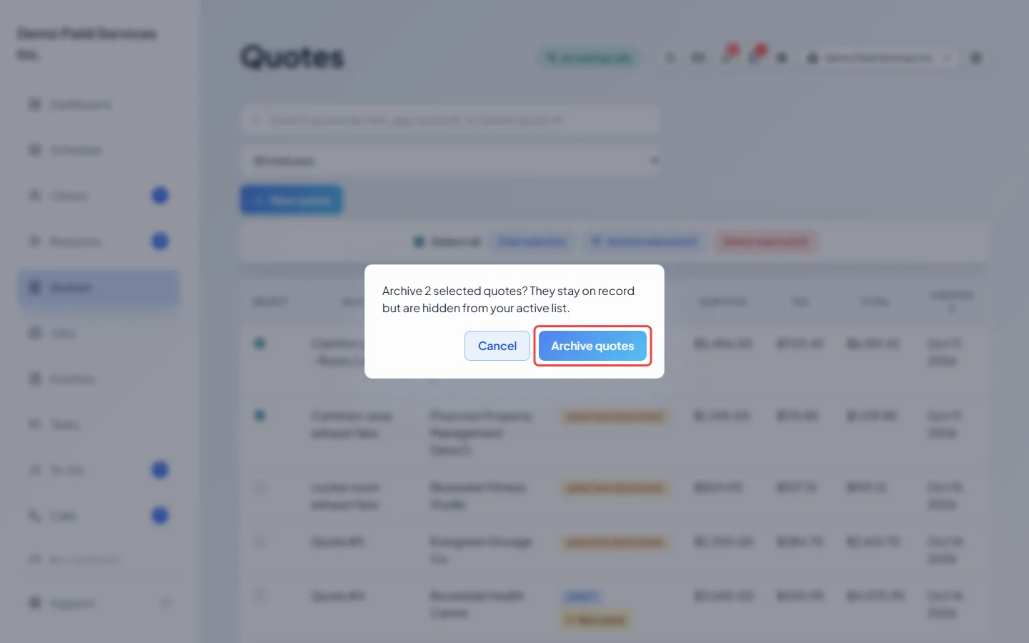 The box asking to confirm archiving the selected quotes