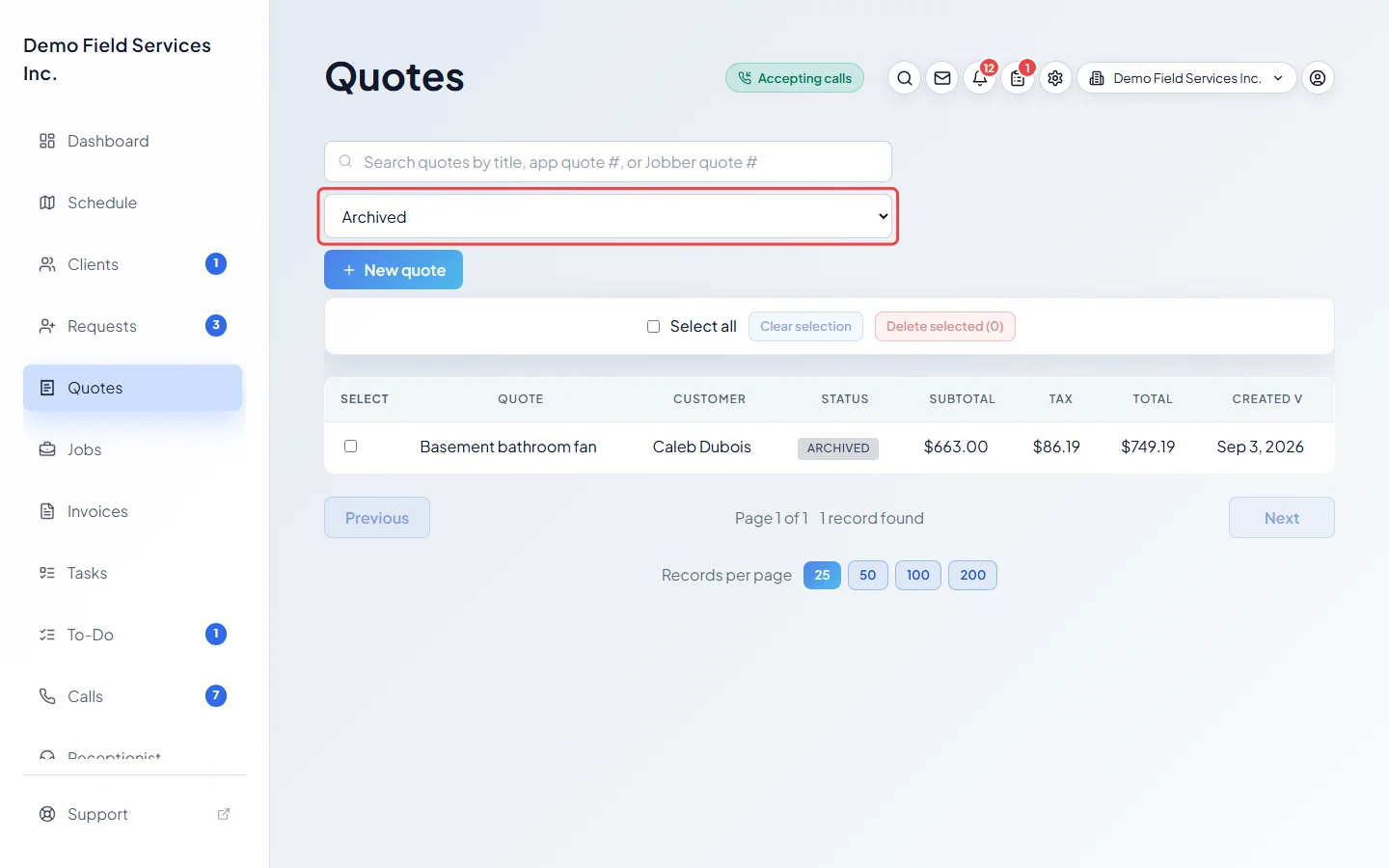 The quotes list showing only archived quotes