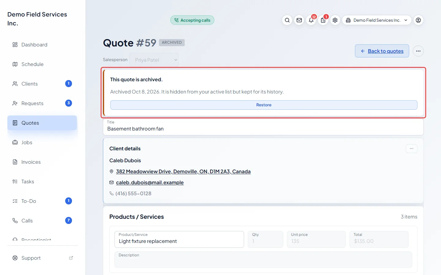 An archived quote with its Restore button
