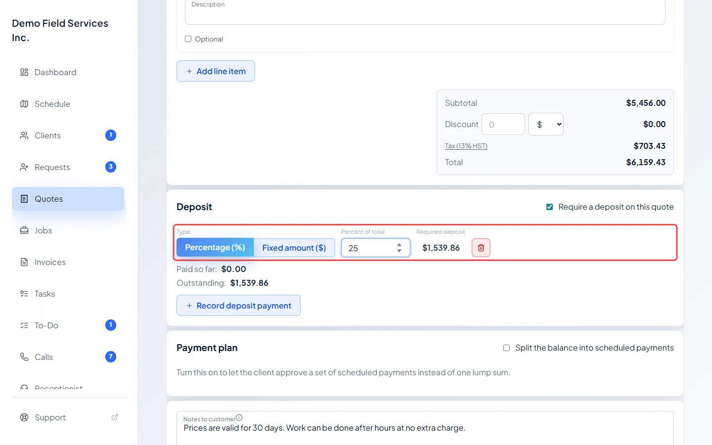 A percentage deposit filled in with the required deposit shown
