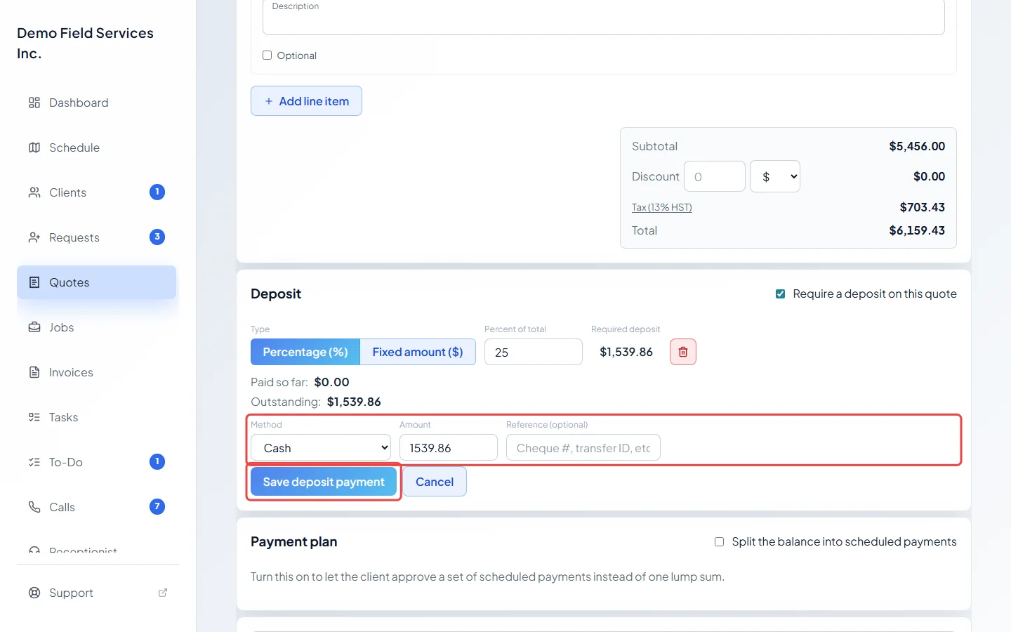 The form for recording a deposit payment