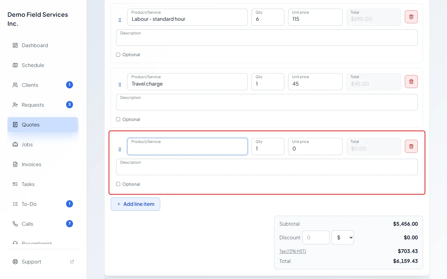 A new empty line added under Products / Services