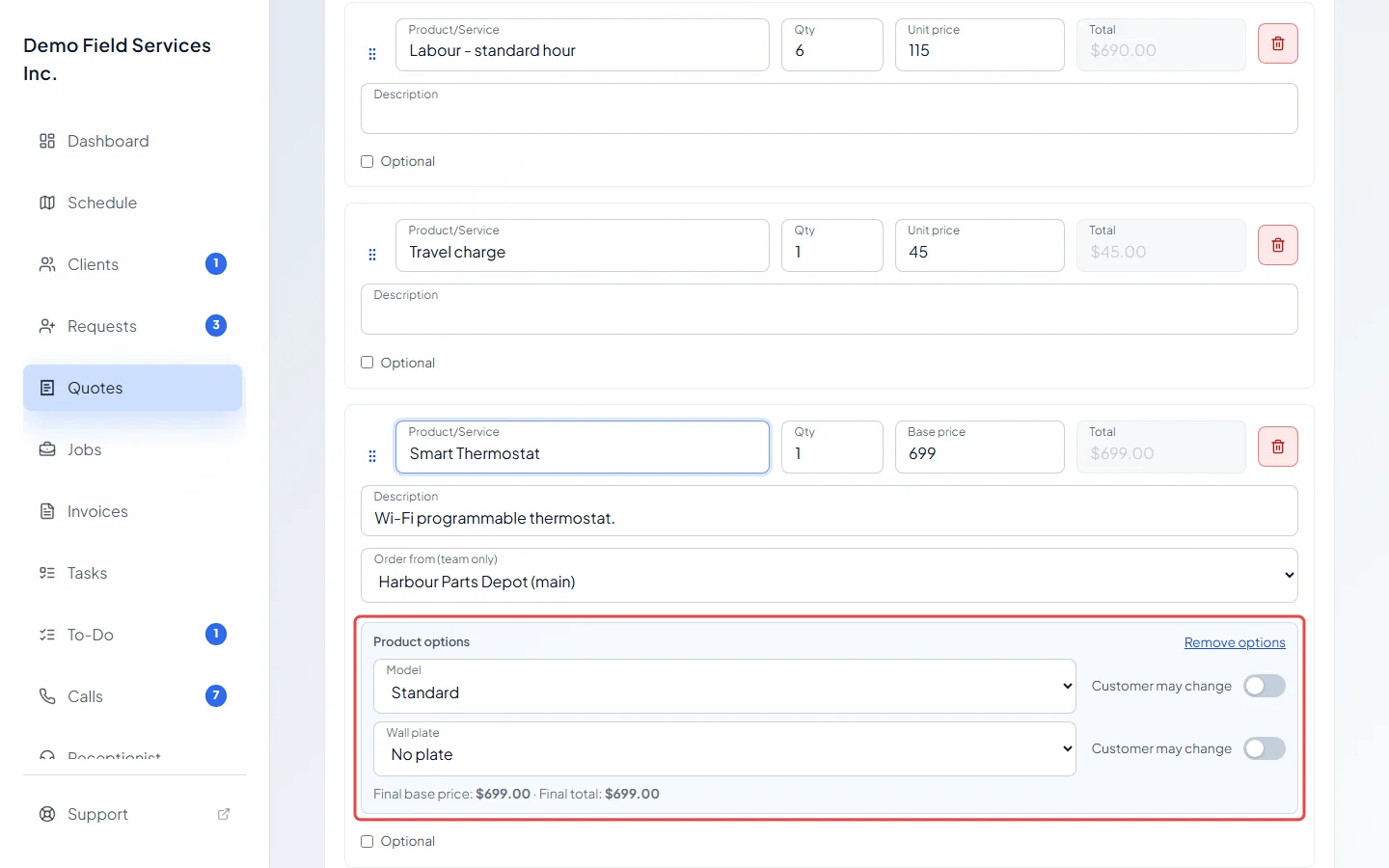 The Product options panel under a quote line