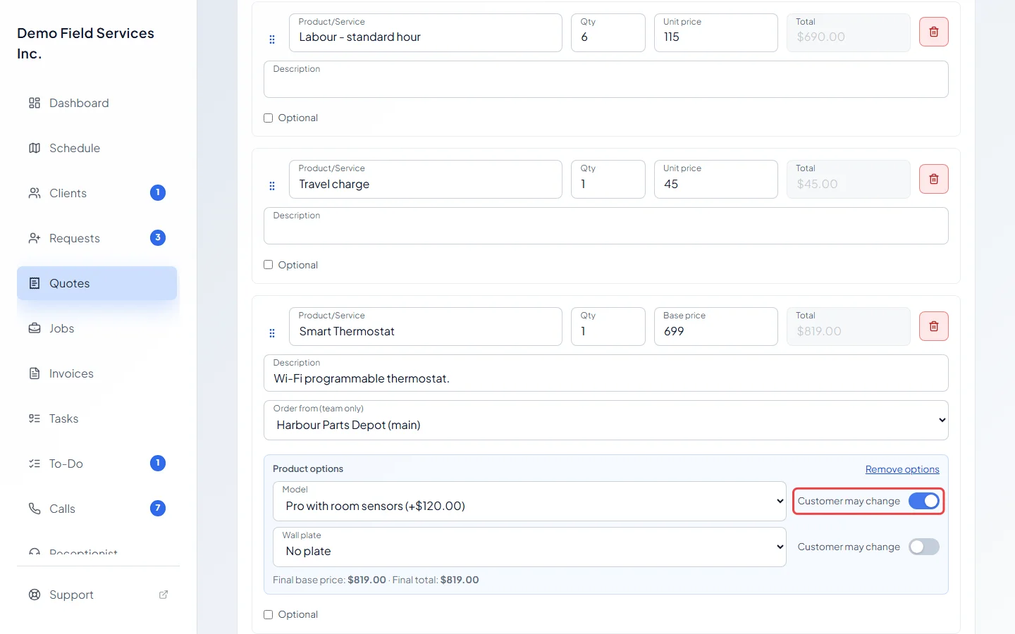 The Customer may change switch next to a product option