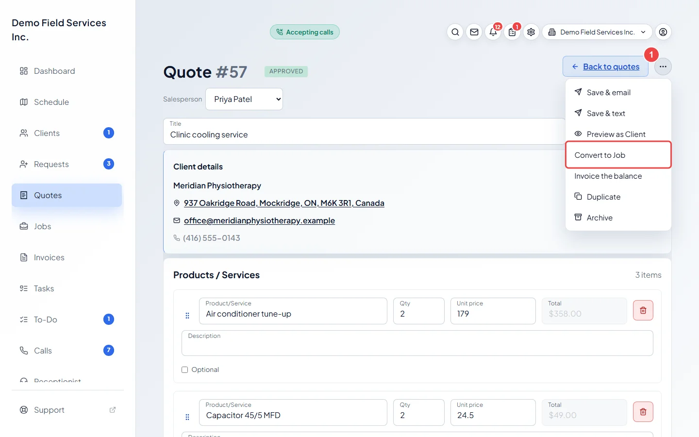 The quote actions menu with Convert to Job highlighted
