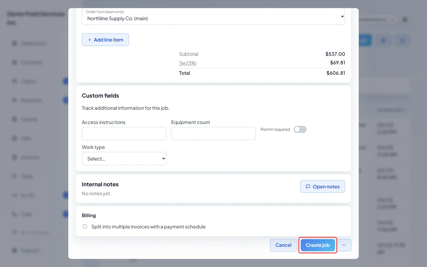 The Create job button at the bottom of the New job form