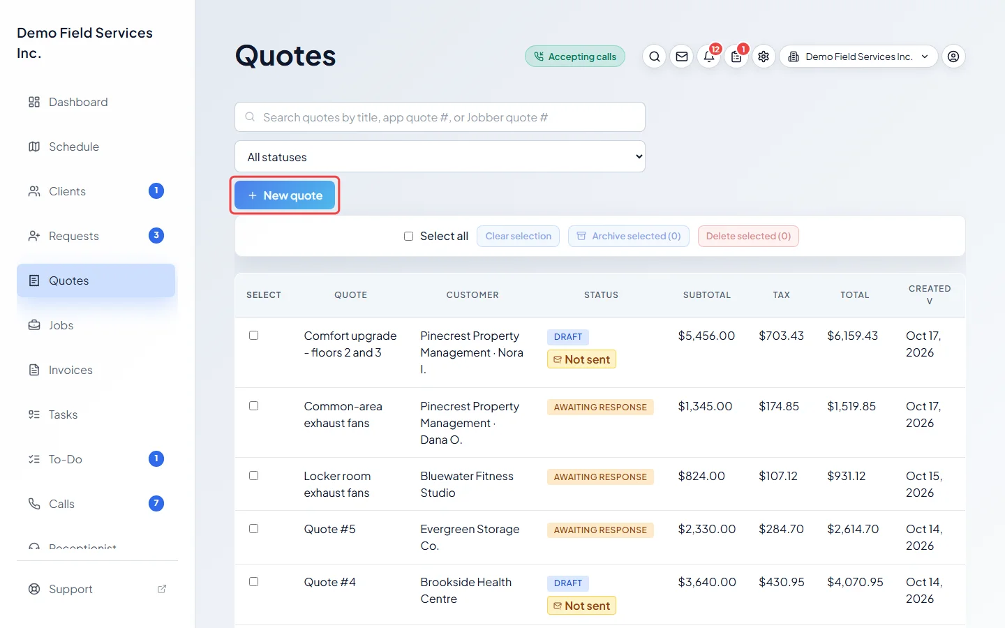 The quotes list with the New quote button highlighted