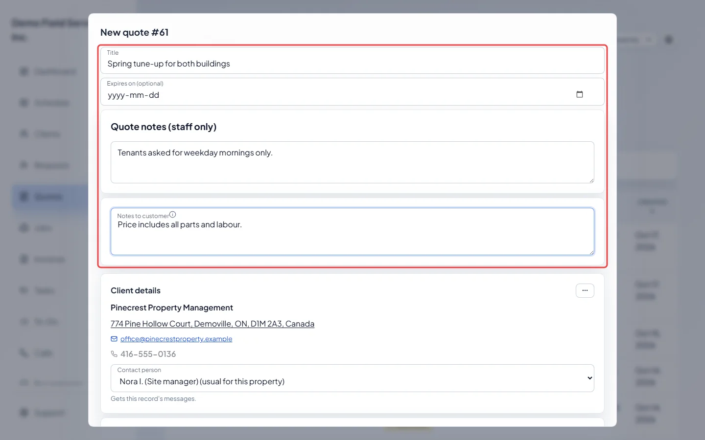 The title, expiry and notes boxes at the top of the New quote form
