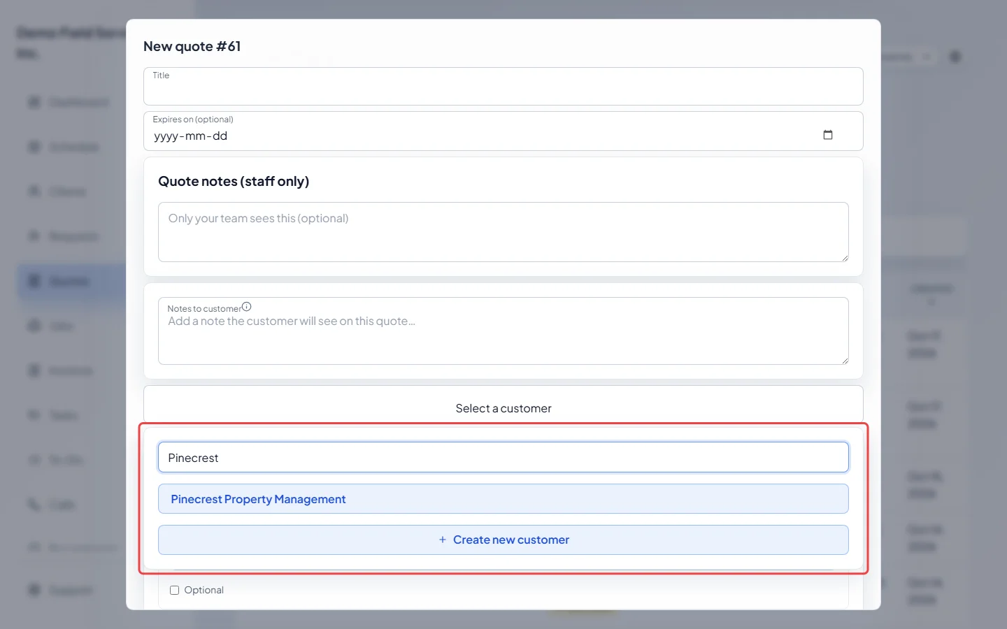 The client search list open in the New quote form