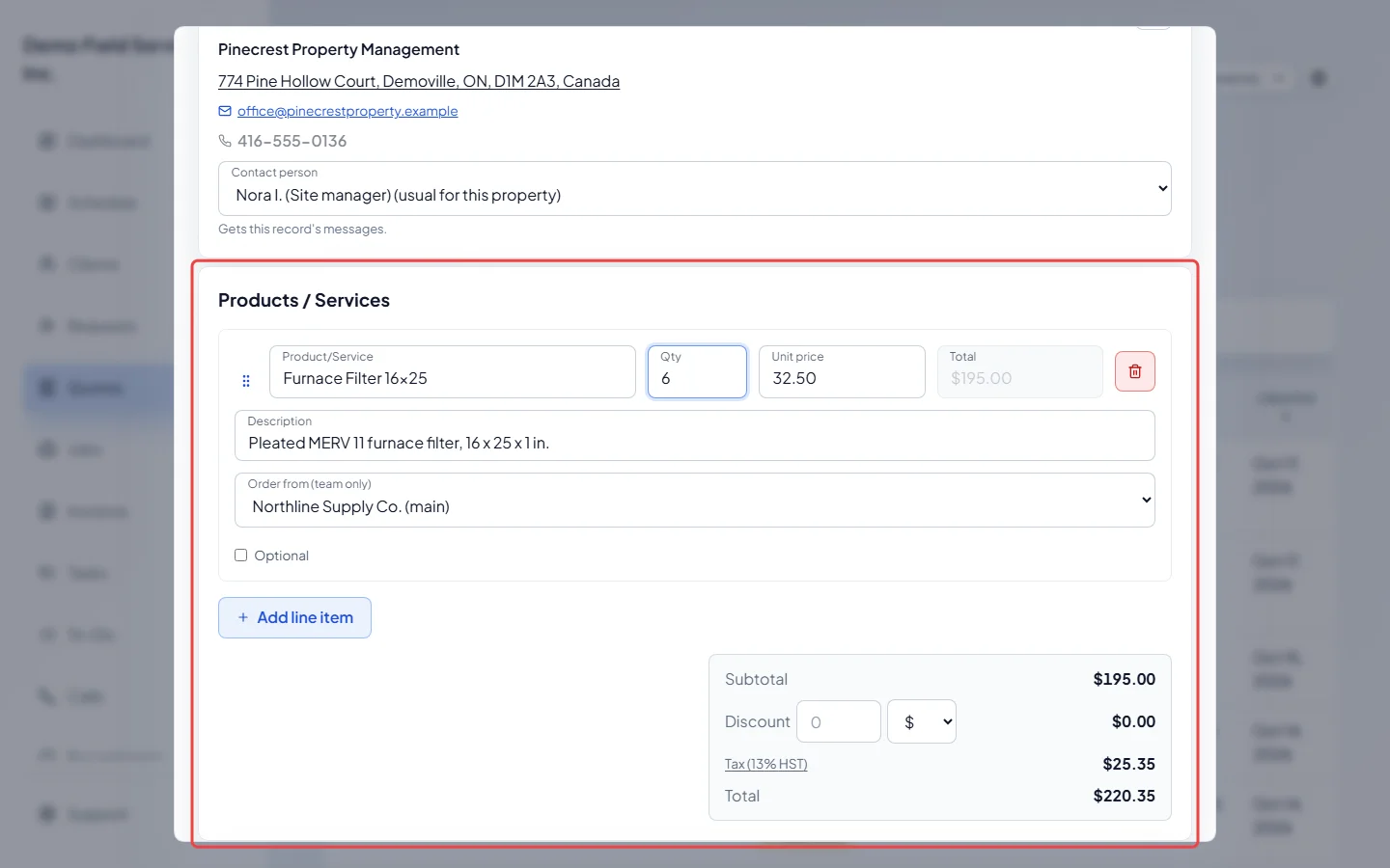 A line item filled in under Products / Services