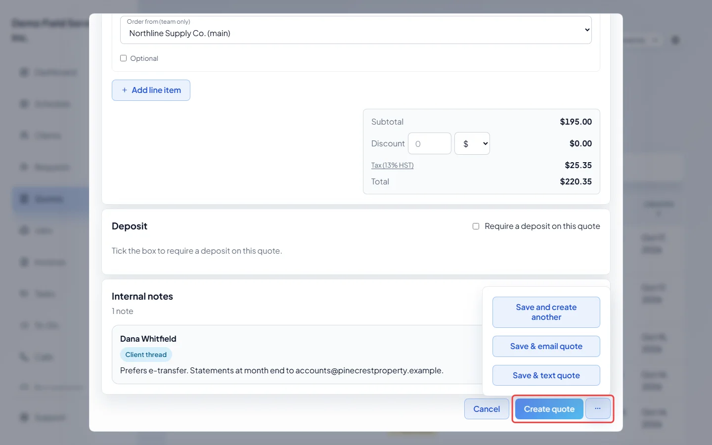 The Create quote button with its save menu open