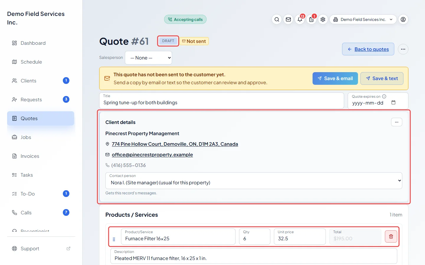 The new draft quote with its client details and first line item