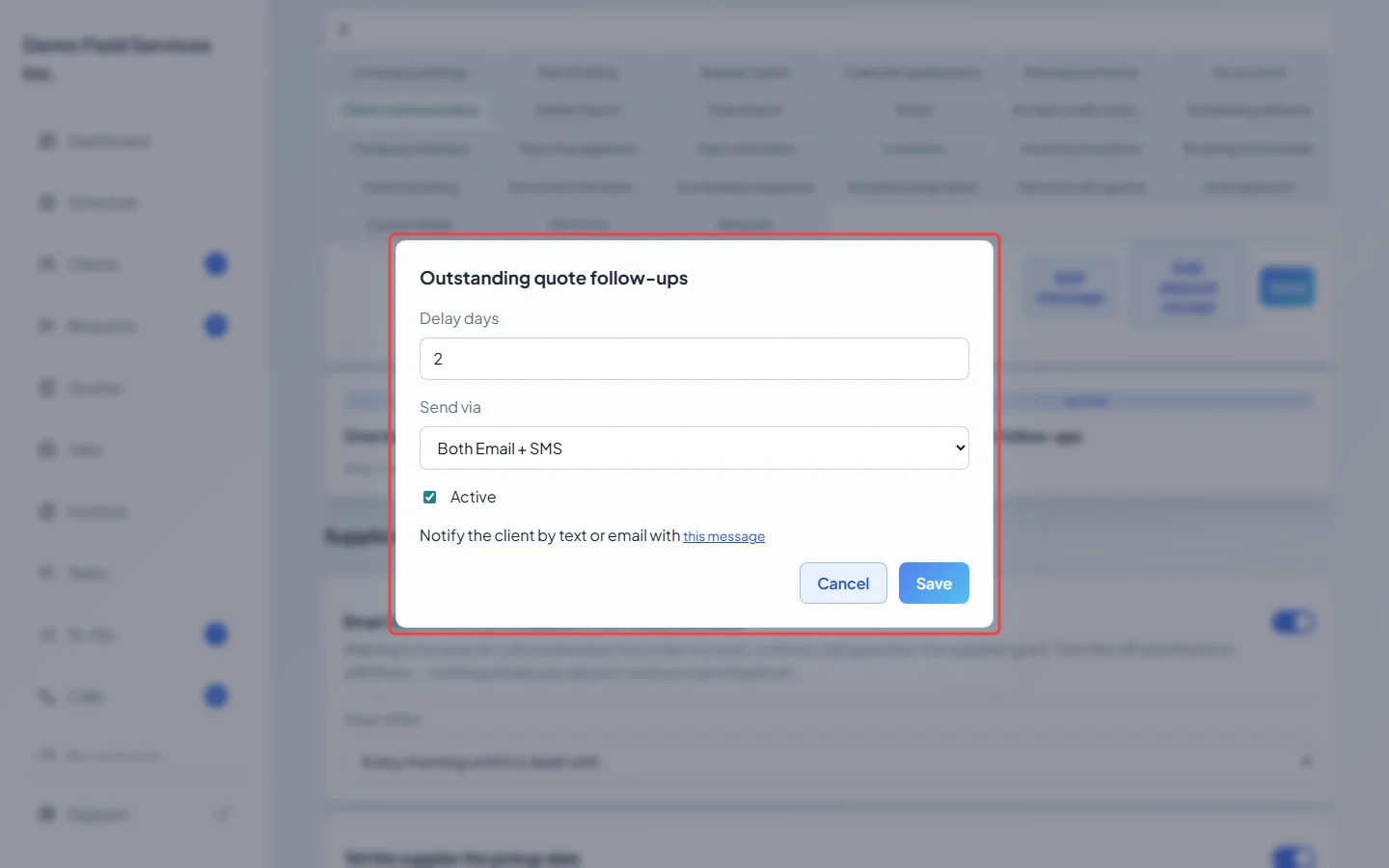 The quote follow-up settings with delay days, send via and active