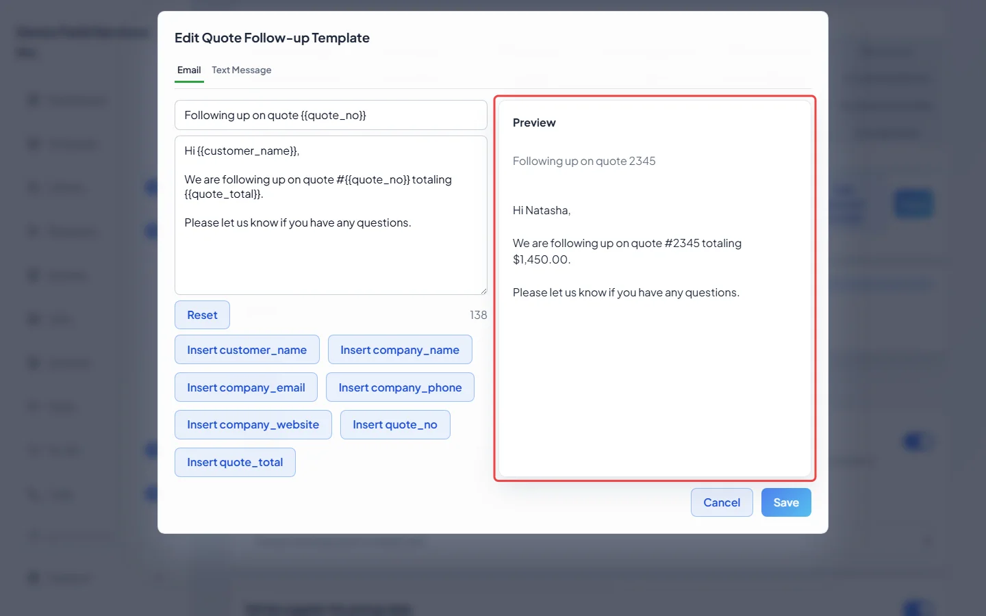 The quote follow-up message editor with its preview