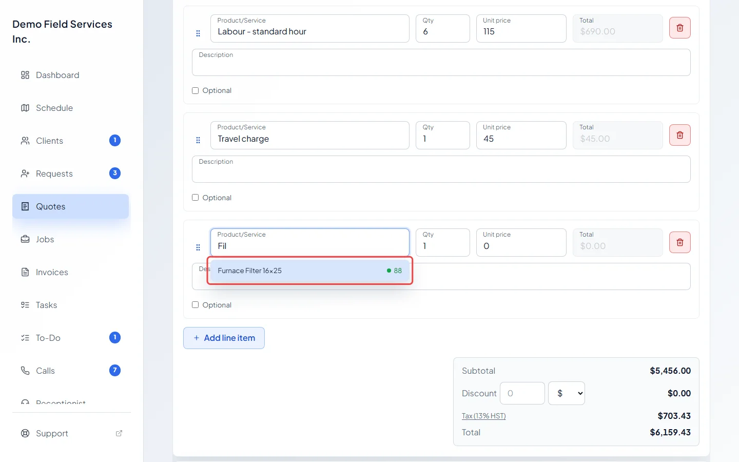 The Product/Service search list showing catalog matches