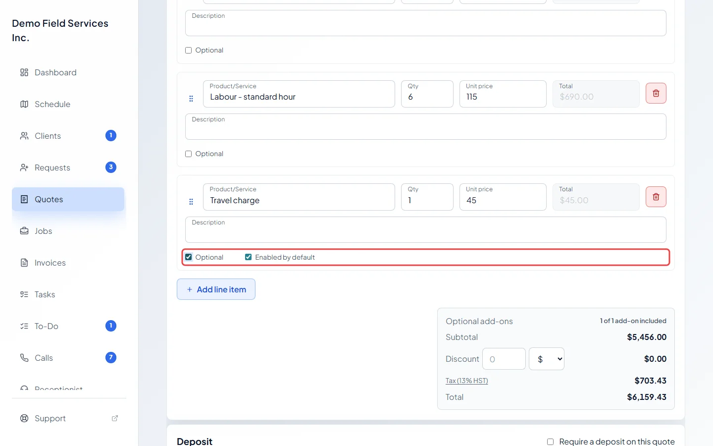 The Optional and Enabled by default boxes under a line item