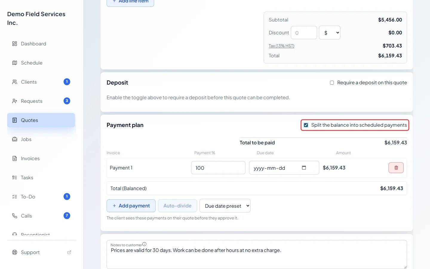 The Payment plan card with the split box ticked and one payment
