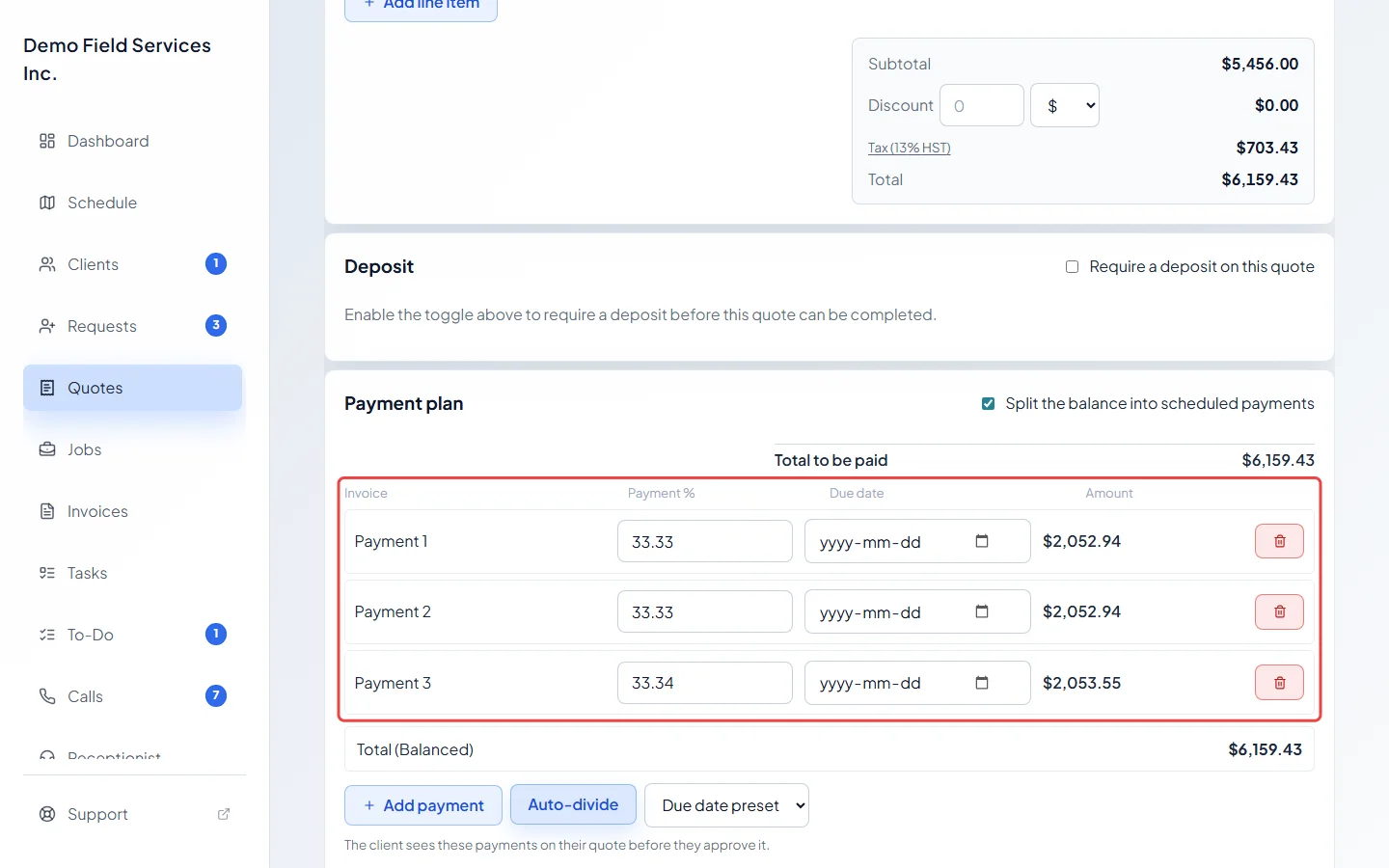 Three payments sharing the balance, each with its amount