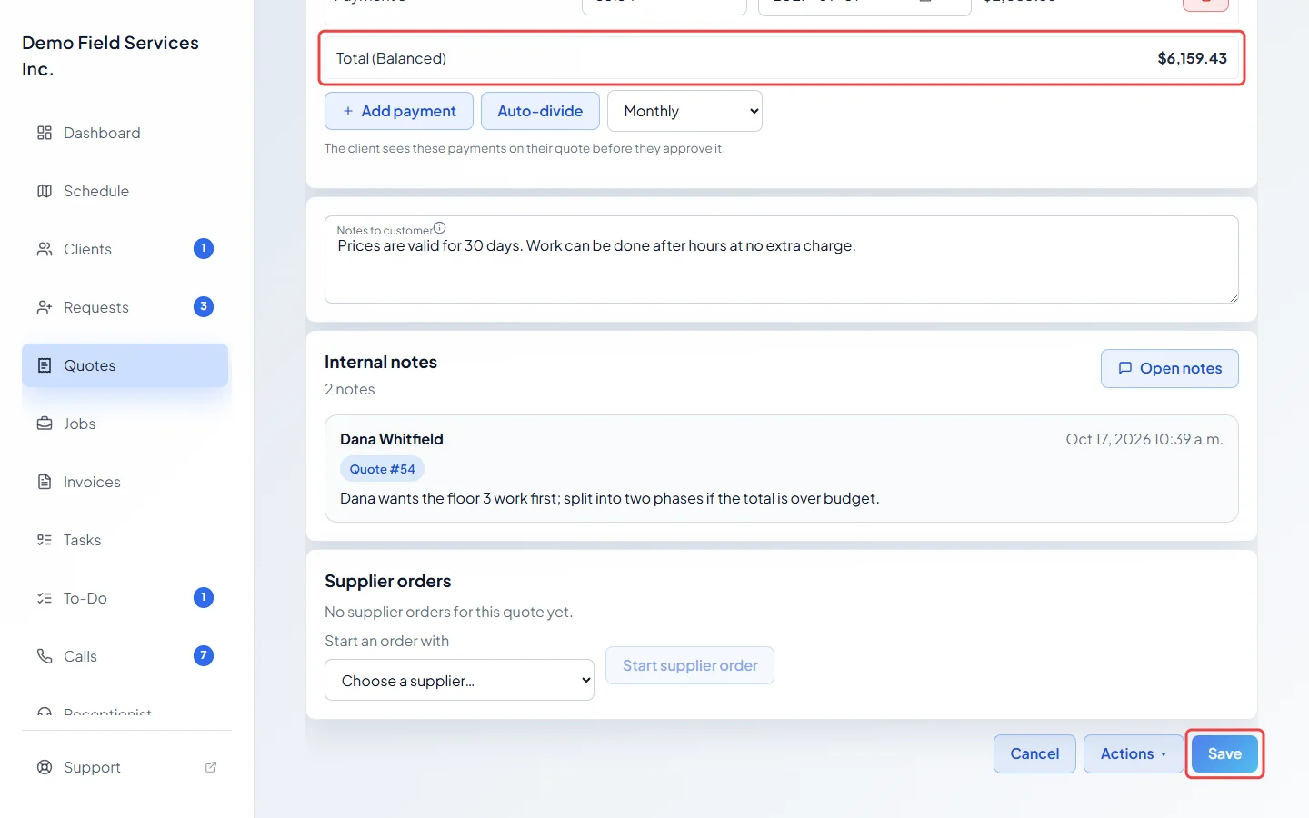The balanced payment plan total and the Save button