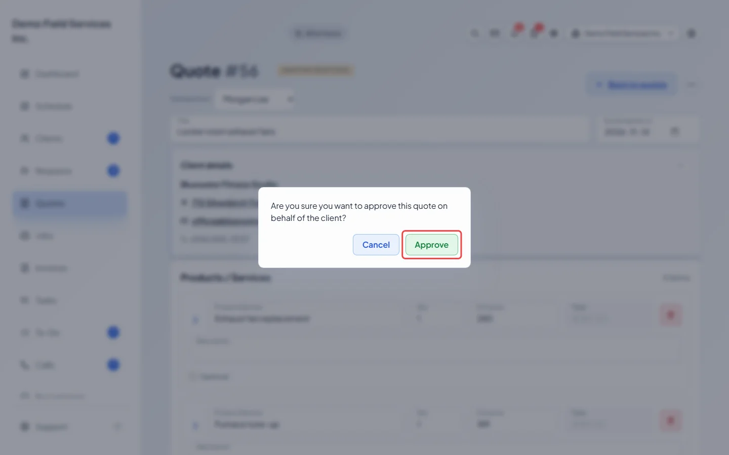 The box asking to confirm approving the quote for the client