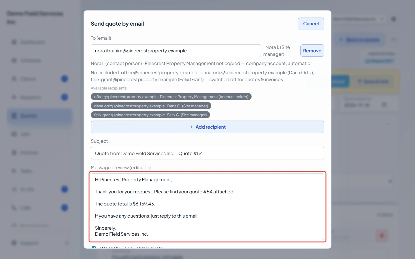 The Send quote by email window with the message filled in