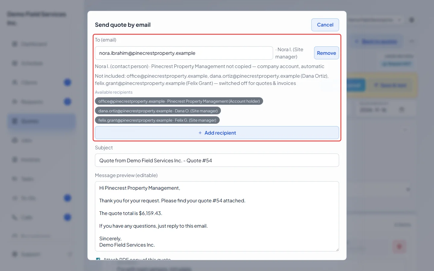 The recipients and available recipients in the send window