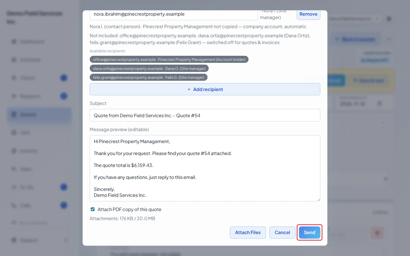 The Send button at the bottom of the send window