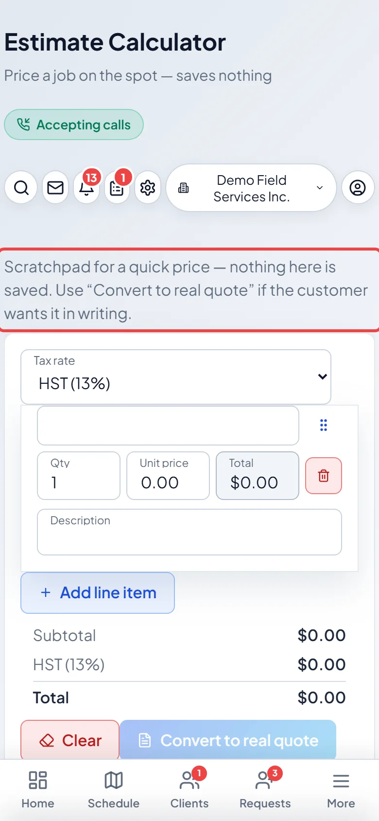 The estimate calculator on a phone with an empty line