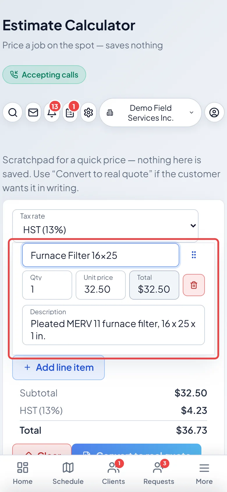 A product picked in the estimate calculator