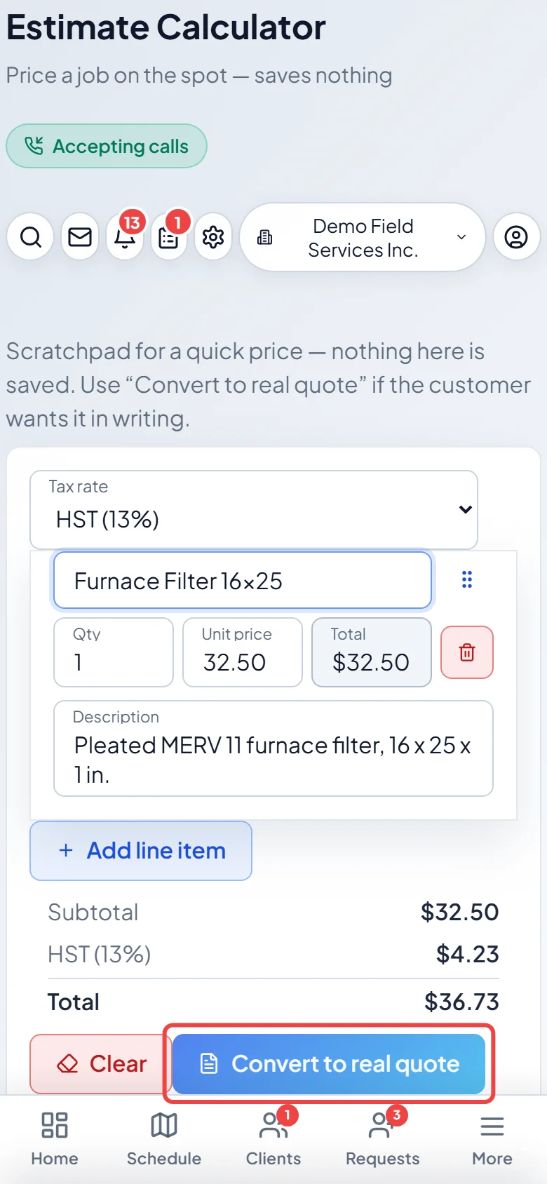 The Convert to real quote button under the estimate