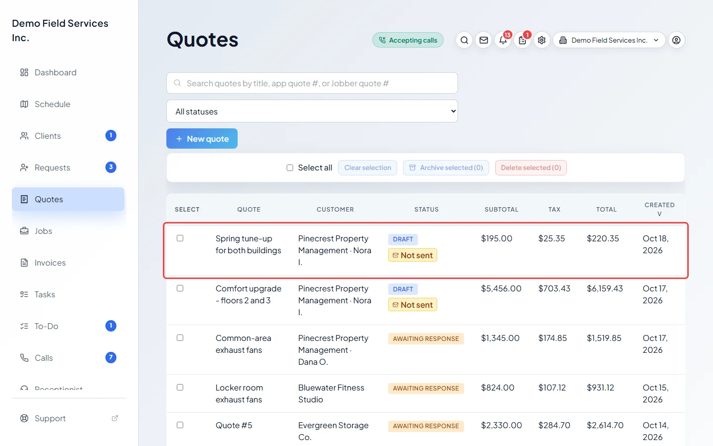 The quotes list with its newest quotes at the top