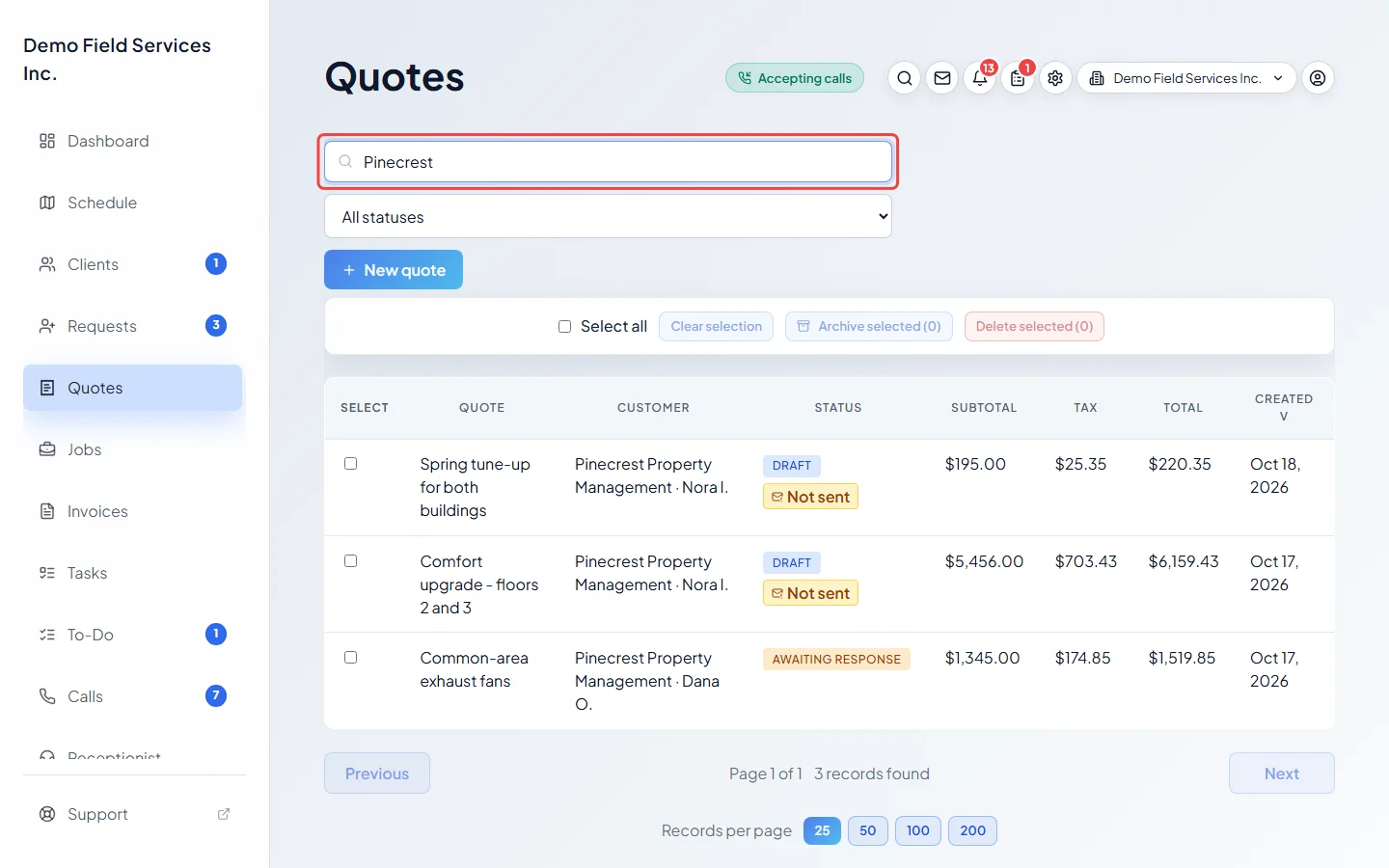 The search box with a client name typed in and the list narrowed down