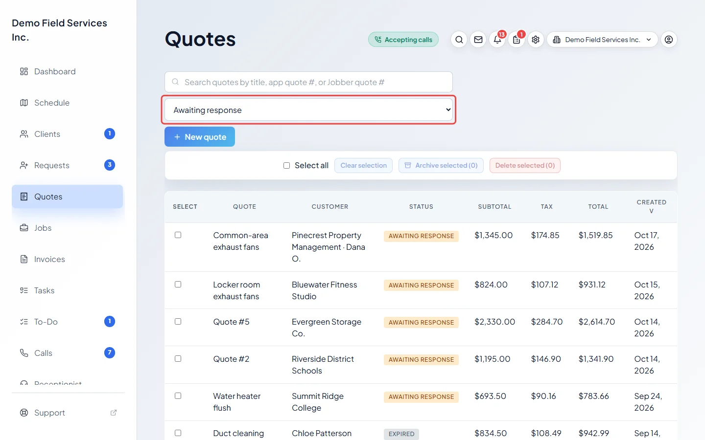The status list showing only quotes awaiting a response