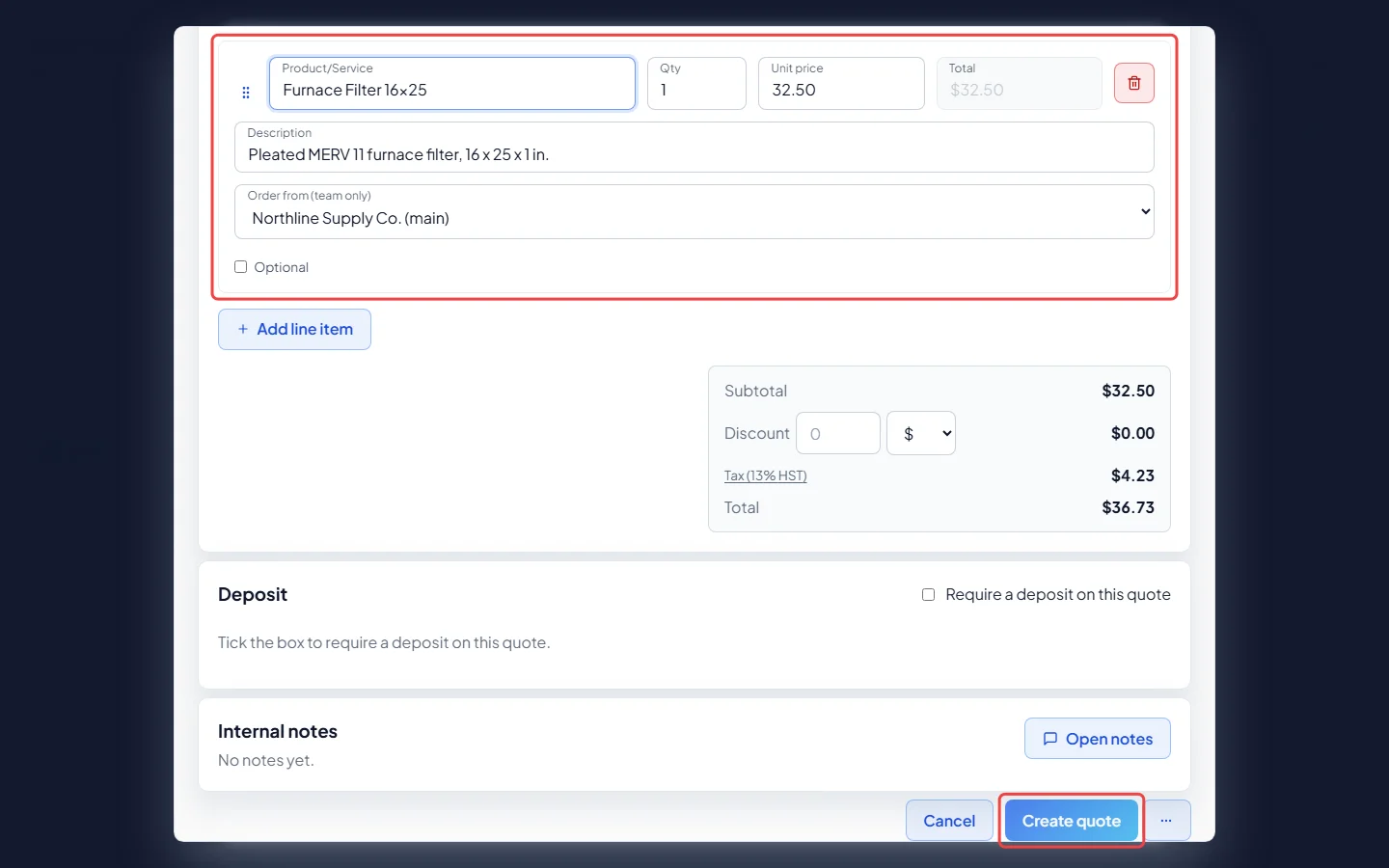 The new quote's line items and the Create quote button