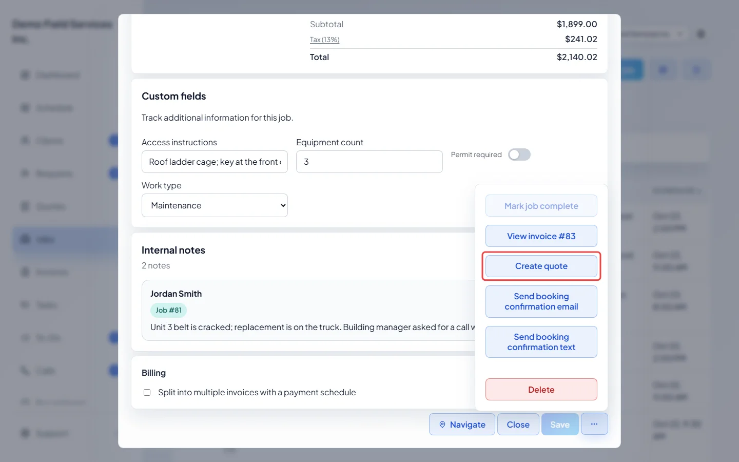 The job's actions menu with Create quote highlighted