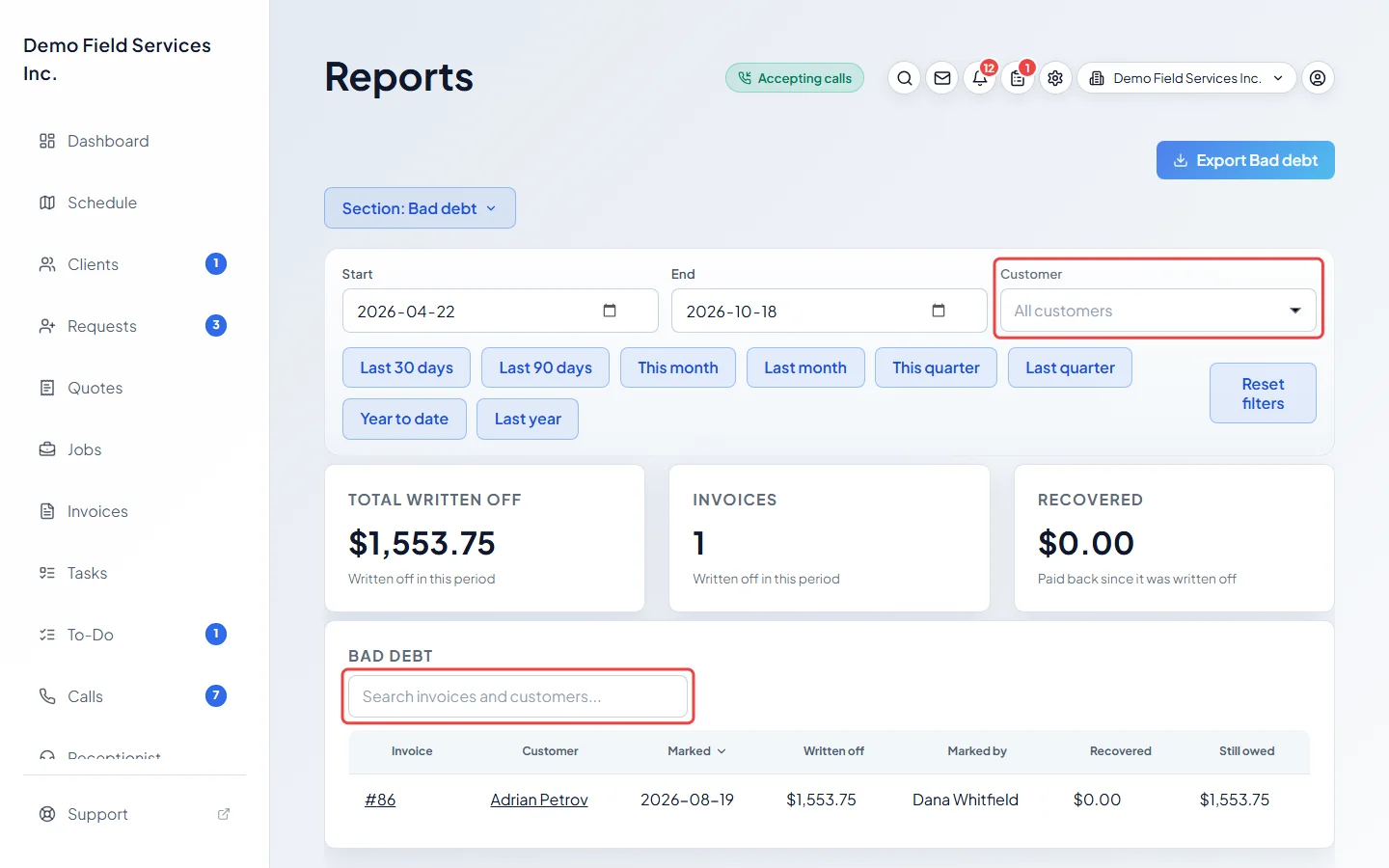 The Customer filter on the Bad debt report