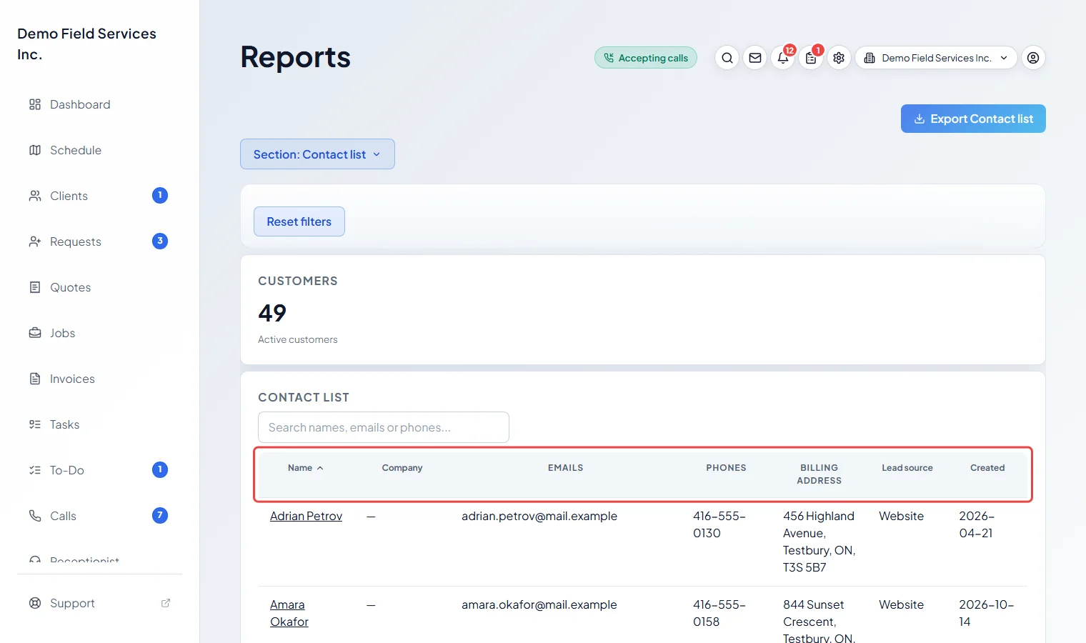 The Contact list report with every client's emails and phones