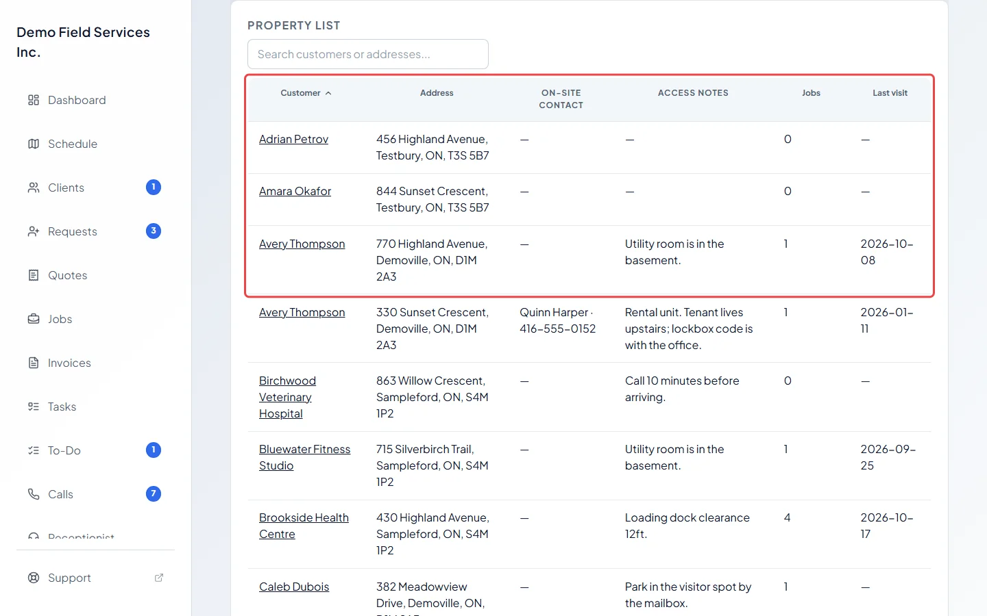 The Property list report with on-site contacts and access notes