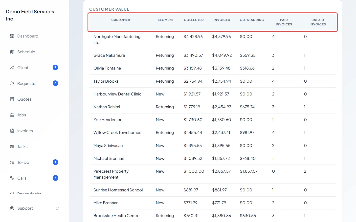 The Segment column and money columns in the customer value list