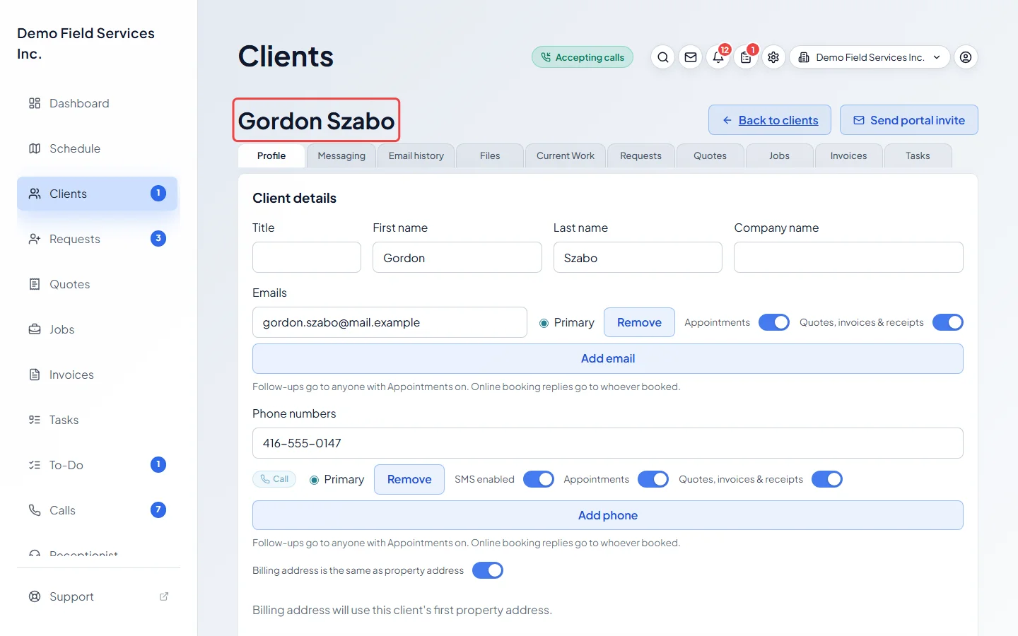 A client page opened from the report