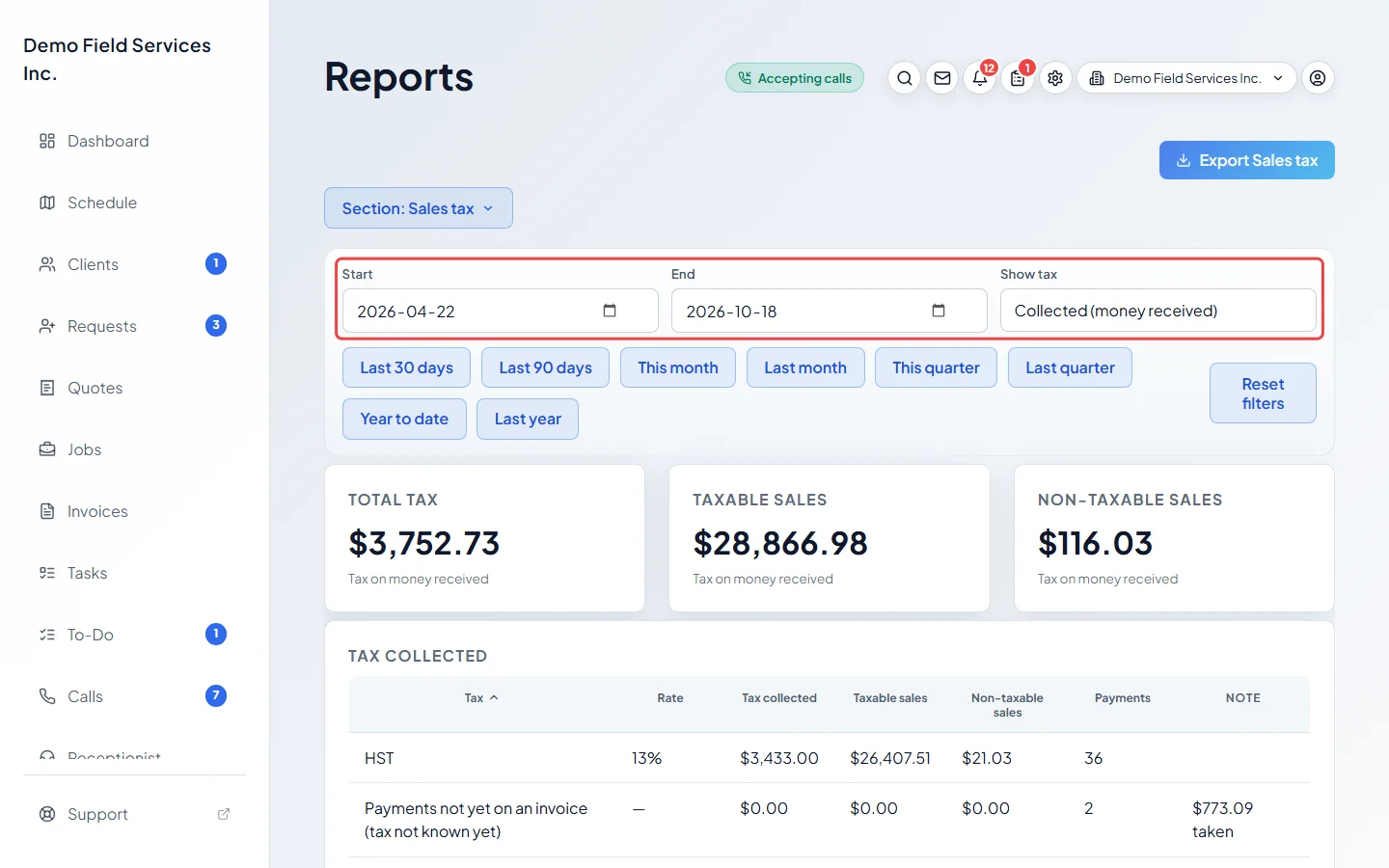 The Sales tax report with its dates and Show tax filter