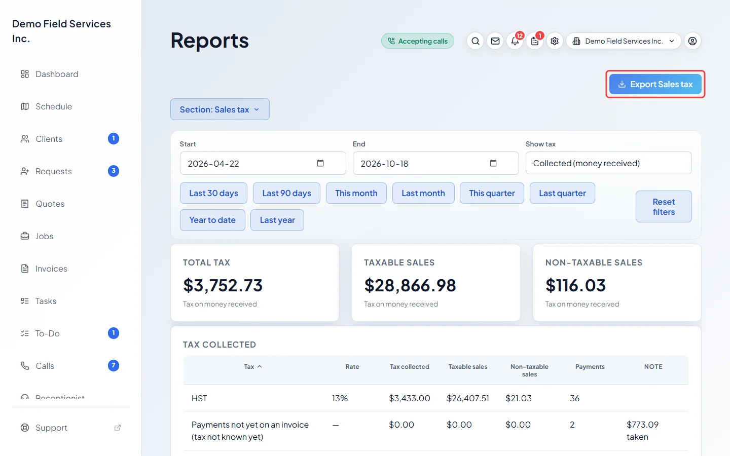 The Export button at the top right of a report