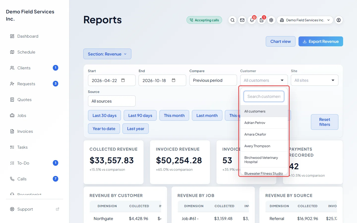 The Customer filter open with a search box and a list of clients