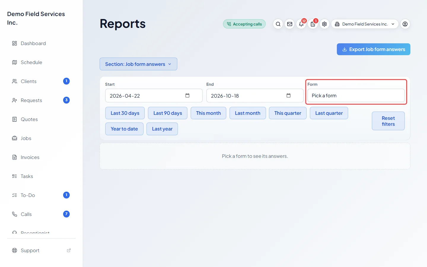 The Job form answers report asking you to pick a form