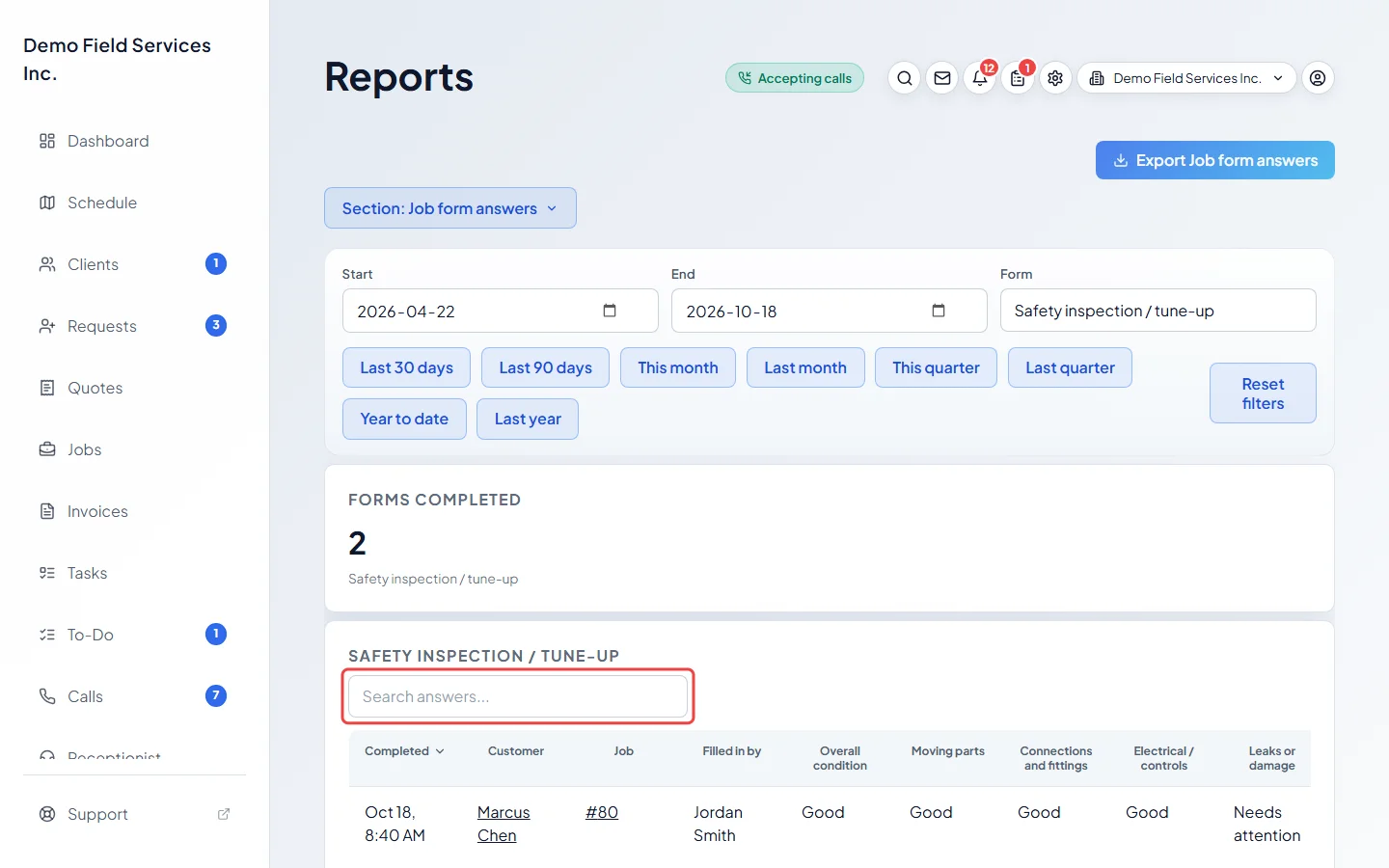 The search box above the job form answers