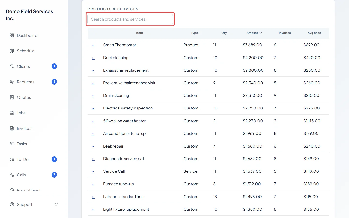 The Products and services list with its search box